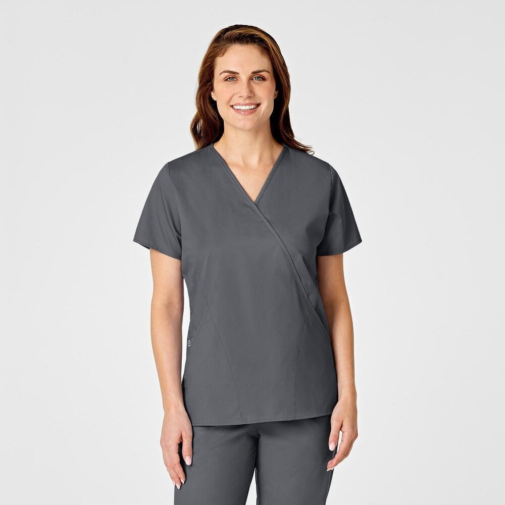 Wonderwink Scrub Top Women's XXS Gray Pewter Wonderwork Mock Wrap 102